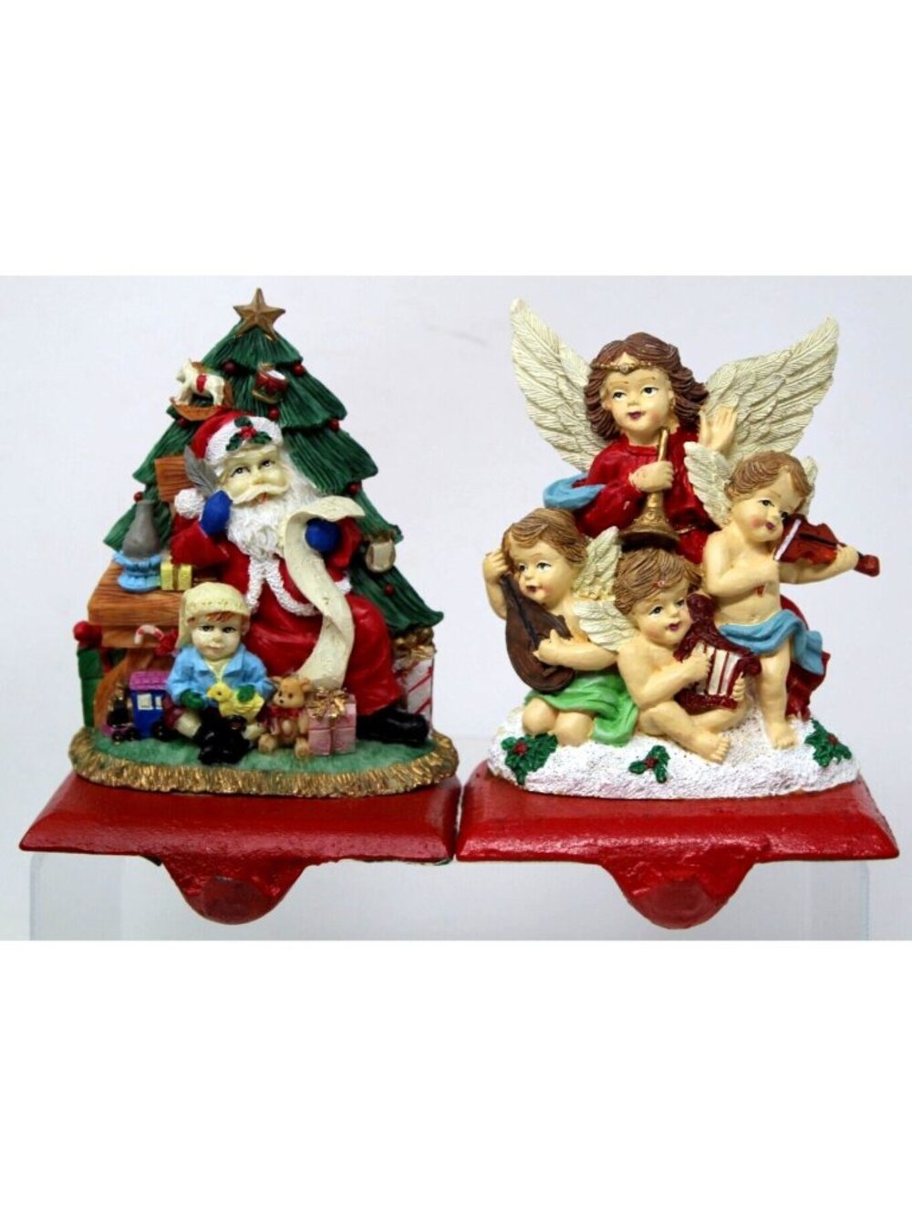 2 Santa & Angel Stocking Hangers Christmas Hand-Painted Red Base #D-27